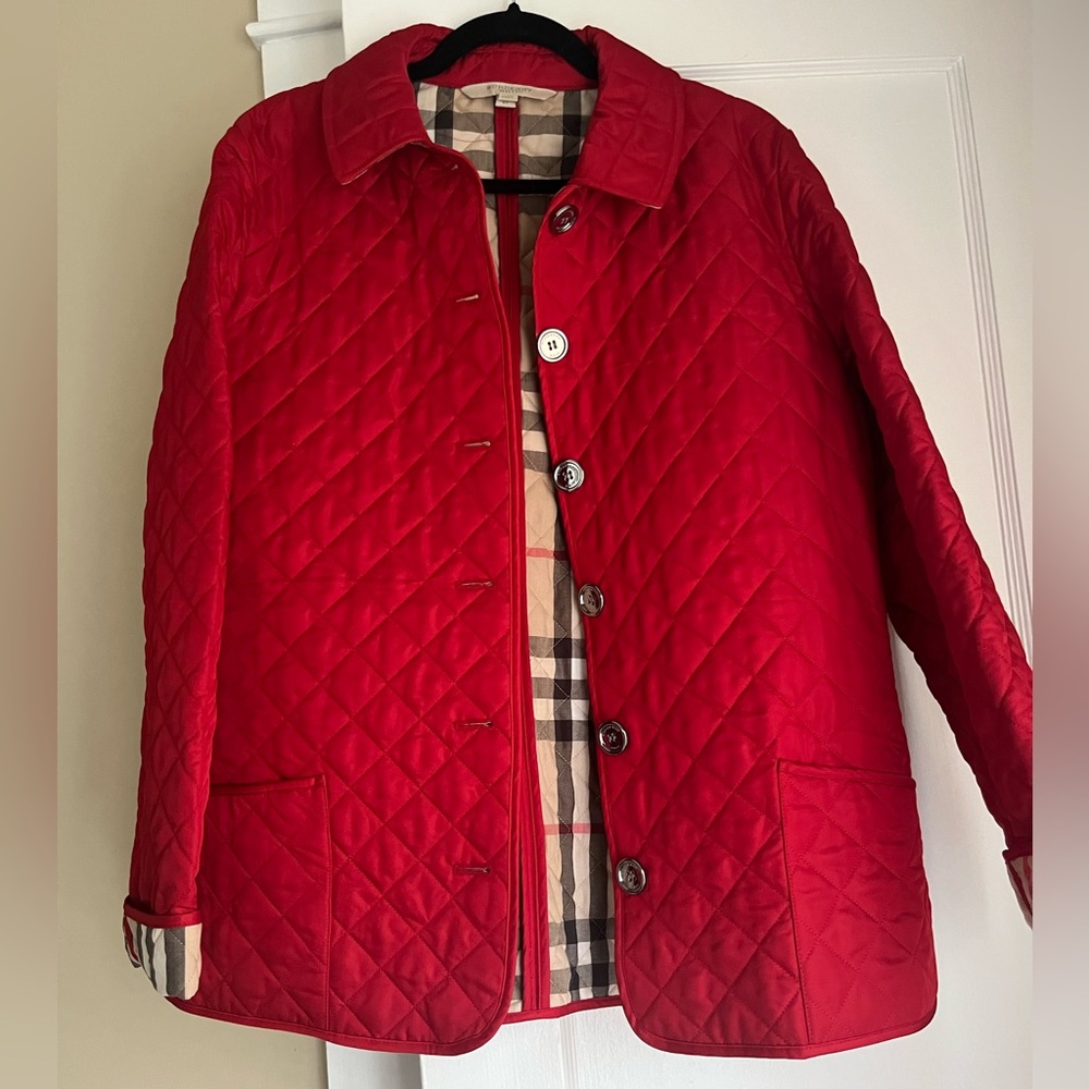 Burberry Red Quilted Jacket with Classic Check Lining. PREOWNED
